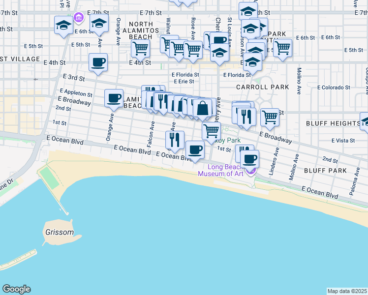 map of restaurants, bars, coffee shops, grocery stores, and more near 1750 East First Street in Long Beach