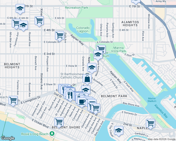 map of restaurants, bars, coffee shops, grocery stores, and more near 267 Nieto Avenue in Long Beach