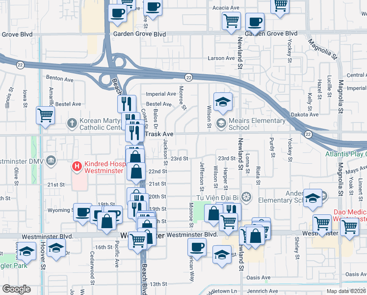 map of restaurants, bars, coffee shops, grocery stores, and more near 8207 Jasmine Drive in Westminster
