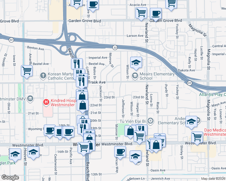 map of restaurants, bars, coffee shops, grocery stores, and more near 8217 Jasmine Drive in Westminster