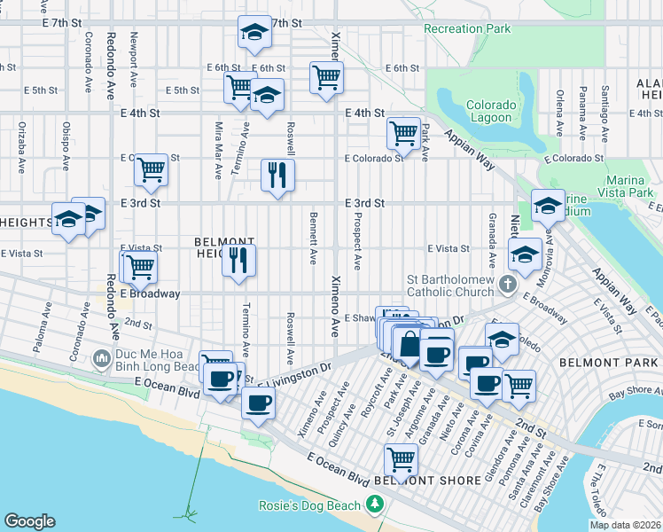 map of restaurants, bars, coffee shops, grocery stores, and more near 243 Ximeno Avenue in Long Beach