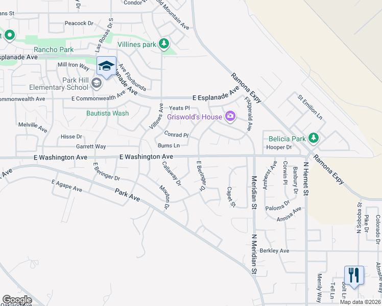map of restaurants, bars, coffee shops, grocery stores, and more near 1579 East Washington Avenue in San Jacinto