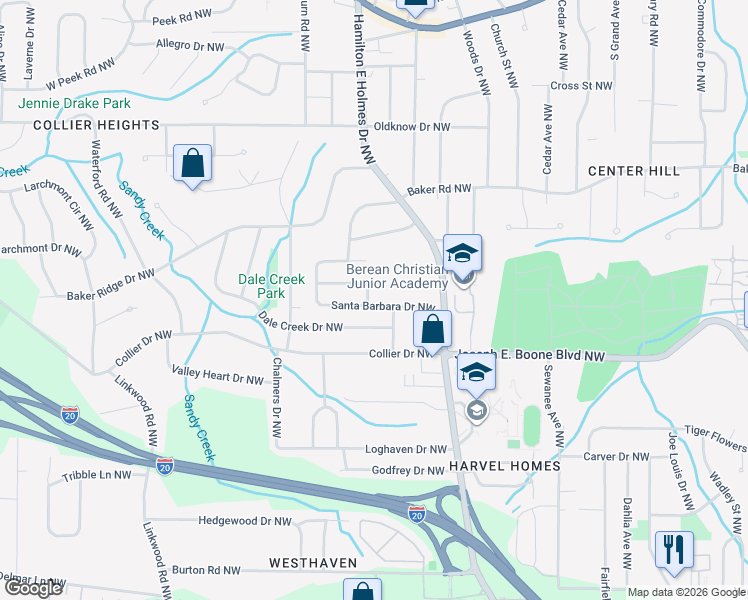 map of restaurants, bars, coffee shops, grocery stores, and more near 2609 Santa Barbara Drive Northwest in Atlanta