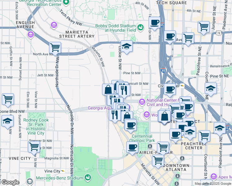 map of restaurants, bars, coffee shops, grocery stores, and more near 400 Luckie Street Northwest in Atlanta
