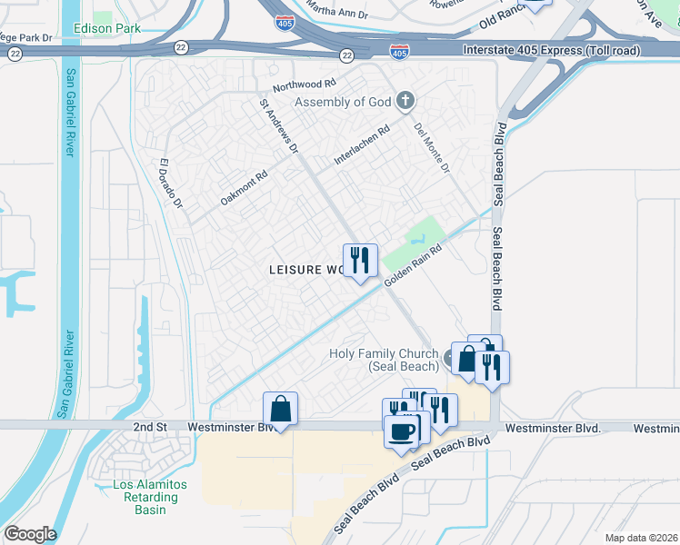 map of restaurants, bars, coffee shops, grocery stores, and more near 1560 Homewood Road in Seal Beach