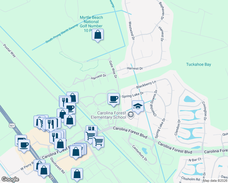 map of restaurants, bars, coffee shops, grocery stores, and more near 205 Wando River Road in Myrtle Beach
