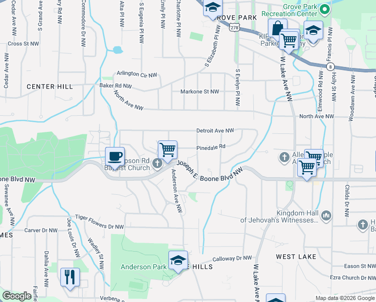 map of restaurants, bars, coffee shops, grocery stores, and more near 1931 Joseph E. Boone Boulevard Northwest in Atlanta