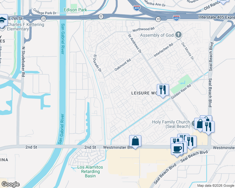 map of restaurants, bars, coffee shops, grocery stores, and more near 1260 Knollwood Road in Seal Beach