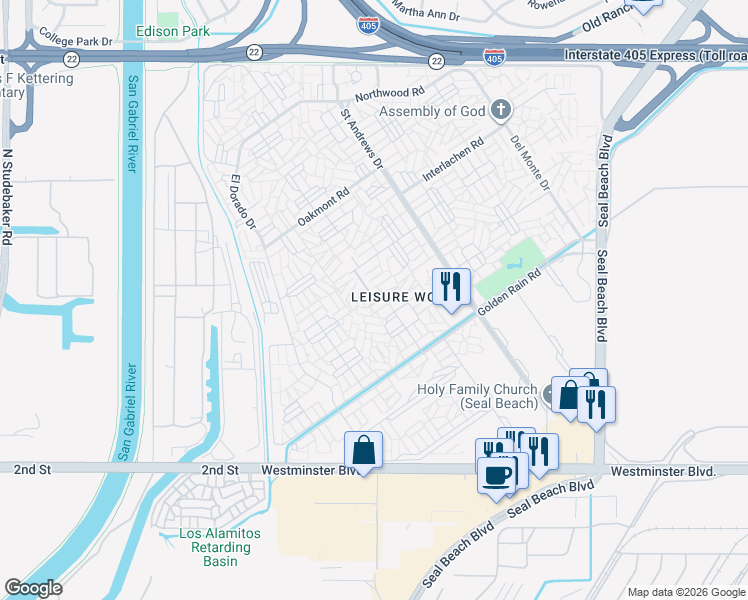 map of restaurants, bars, coffee shops, grocery stores, and more near 13580 Medinac Lane in Seal Beach