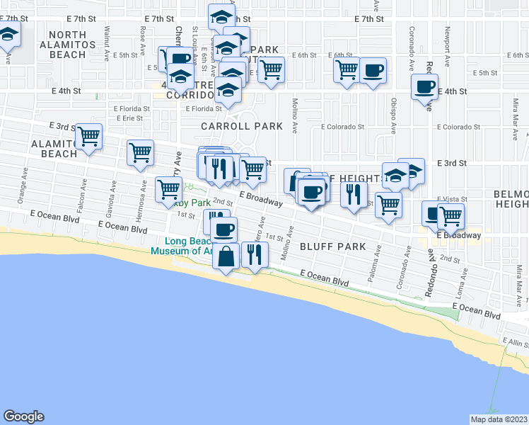 map of restaurants, bars, coffee shops, grocery stores, and more near E 2nd St & Lindero Ave in Long Beach