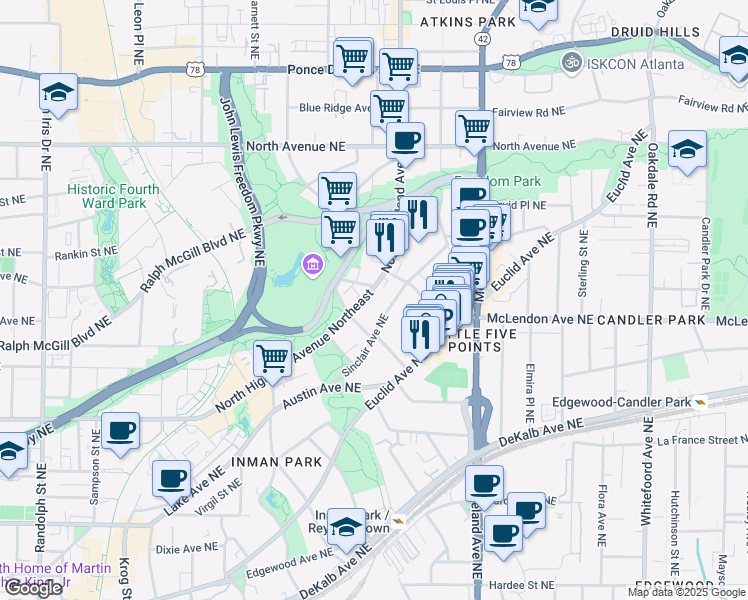 map of restaurants, bars, coffee shops, grocery stores, and more near 437 North Highland Avenue Northeast in Atlanta