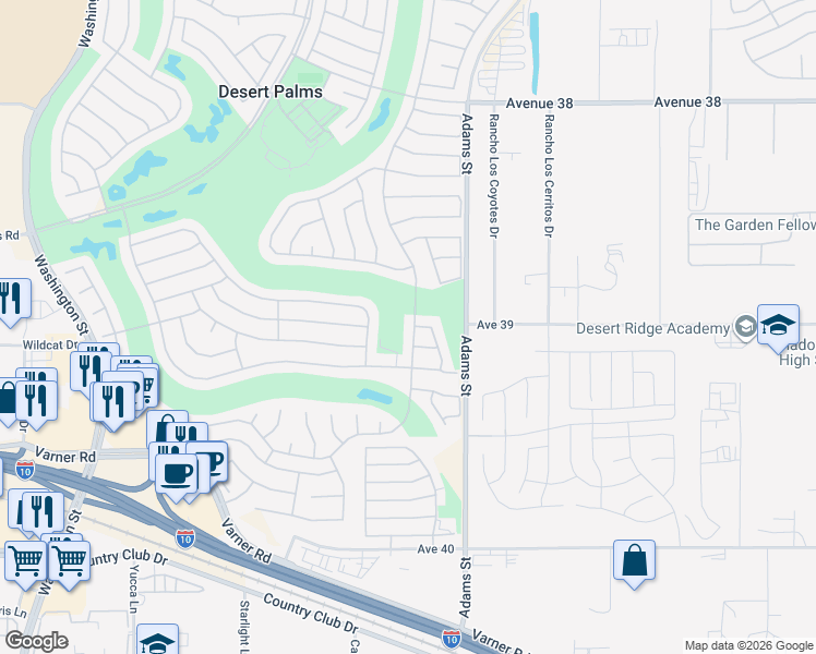map of restaurants, bars, coffee shops, grocery stores, and more near 39015 Brandywine Avenue in Palm Desert