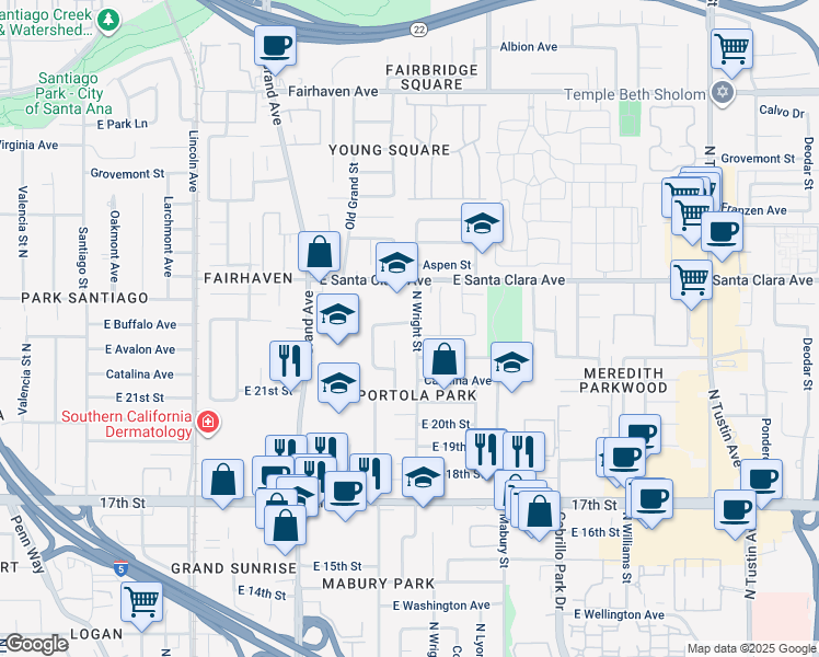 map of restaurants, bars, coffee shops, grocery stores, and more near 2218 North Wright Street in Santa Ana
