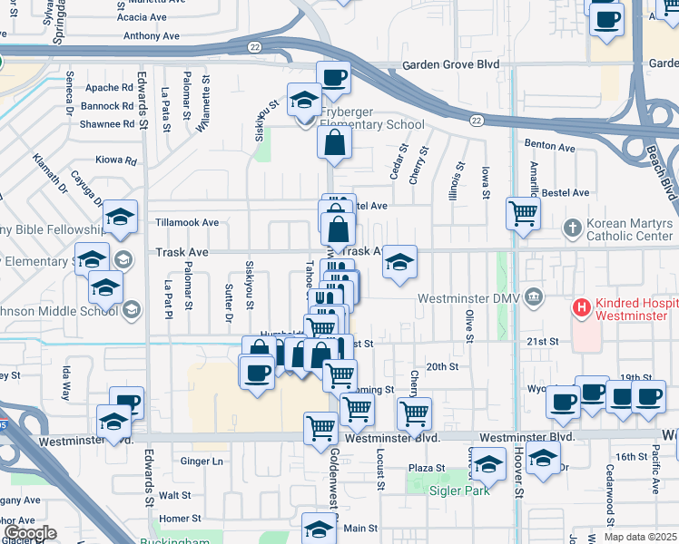 map of restaurants, bars, coffee shops, grocery stores, and more near 13552 Goldenwest Street in Westminster