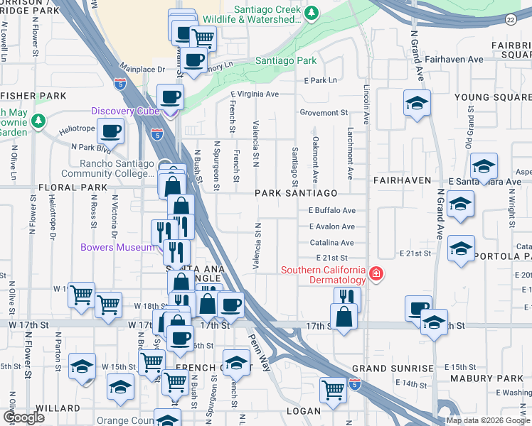 map of restaurants, bars, coffee shops, grocery stores, and more near 502 East Buffalo Avenue in Santa Ana
