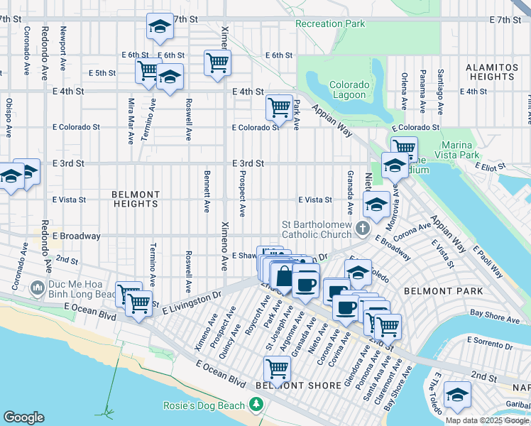 map of restaurants, bars, coffee shops, grocery stores, and more near 231 Roycroft Avenue in Long Beach
