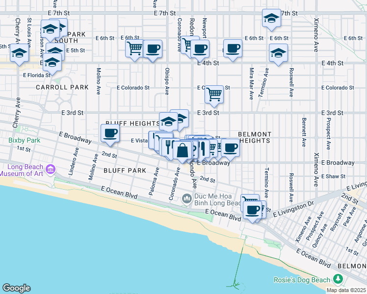 map of restaurants, bars, coffee shops, grocery stores, and more near 221 Coronado Avenue in Long Beach