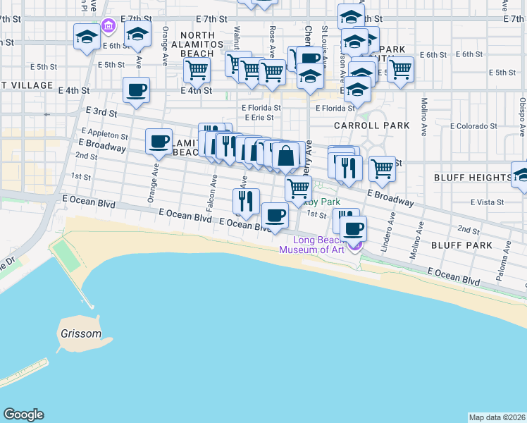 map of restaurants, bars, coffee shops, grocery stores, and more near in Long Beach