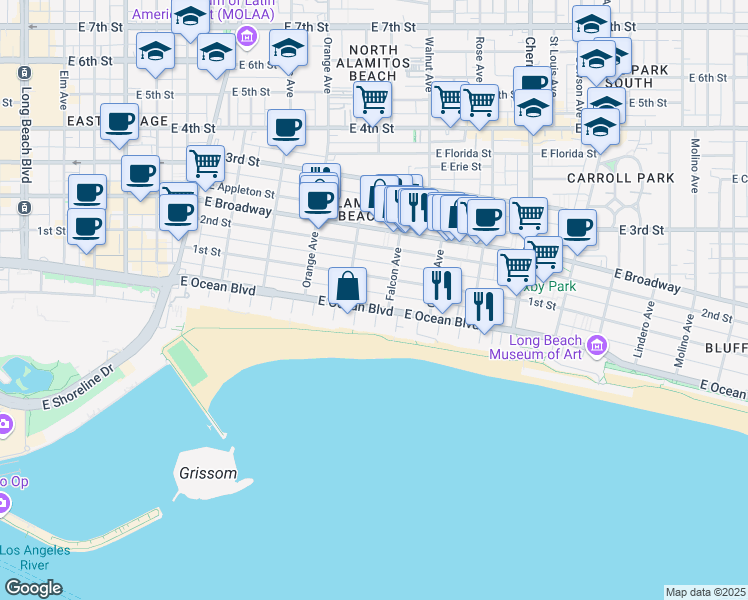 map of restaurants, bars, coffee shops, grocery stores, and more near 1400 East Ocean Boulevard in Long Beach