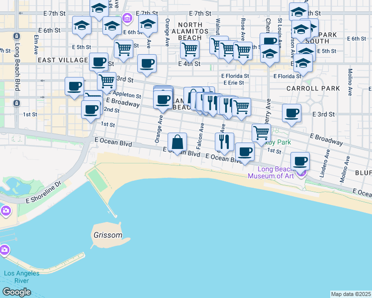 map of restaurants, bars, coffee shops, grocery stores, and more near 1400 East Ocean Boulevard in Long Beach