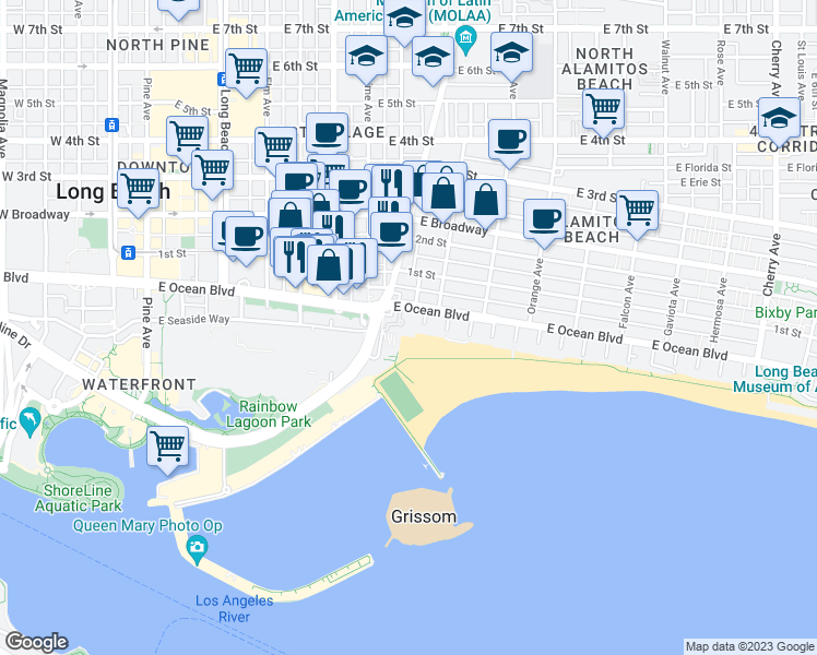 map of restaurants, bars, coffee shops, grocery stores, and more near 850 East Ocean Boulevard in Long Beach