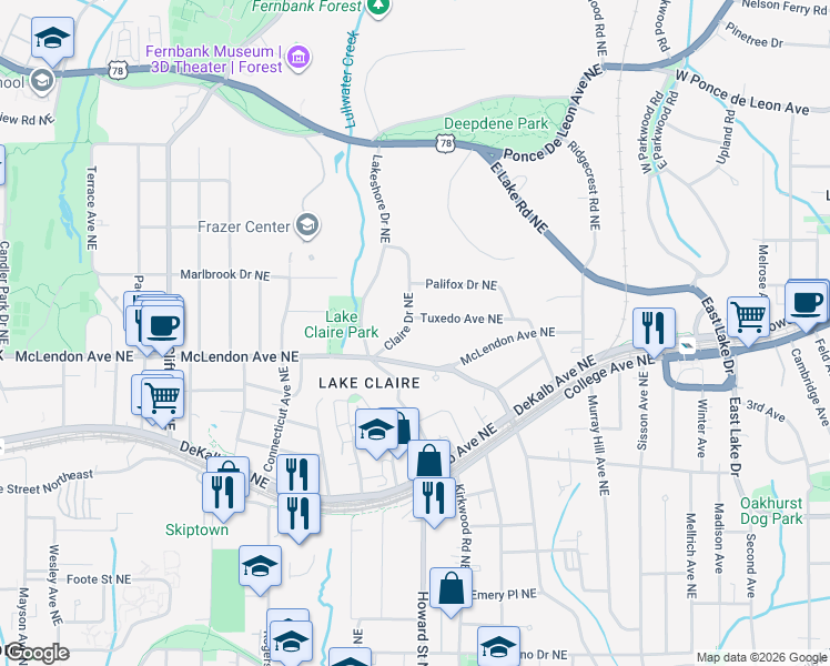 map of restaurants, bars, coffee shops, grocery stores, and more near 419 Claire Drive Northeast in Atlanta
