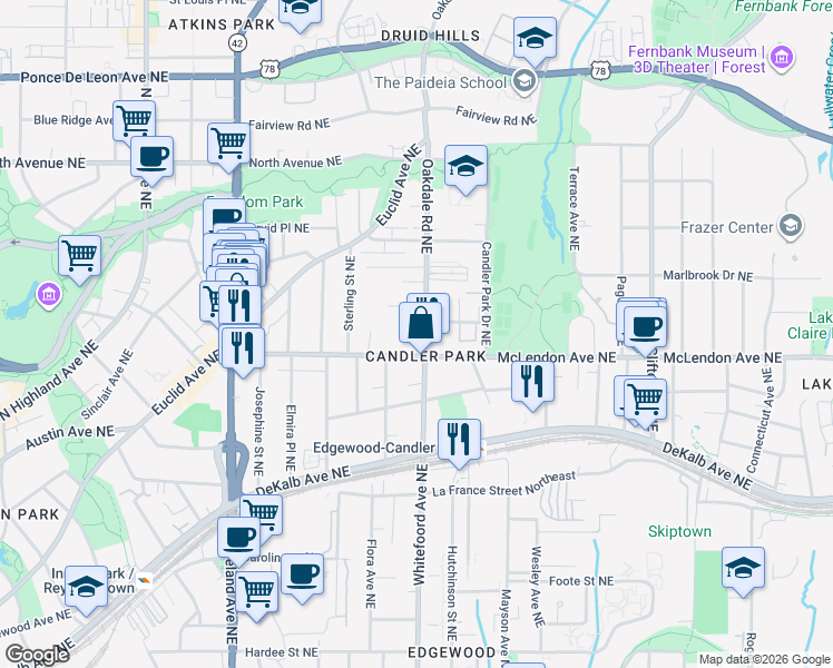map of restaurants, bars, coffee shops, grocery stores, and more near in Atlanta