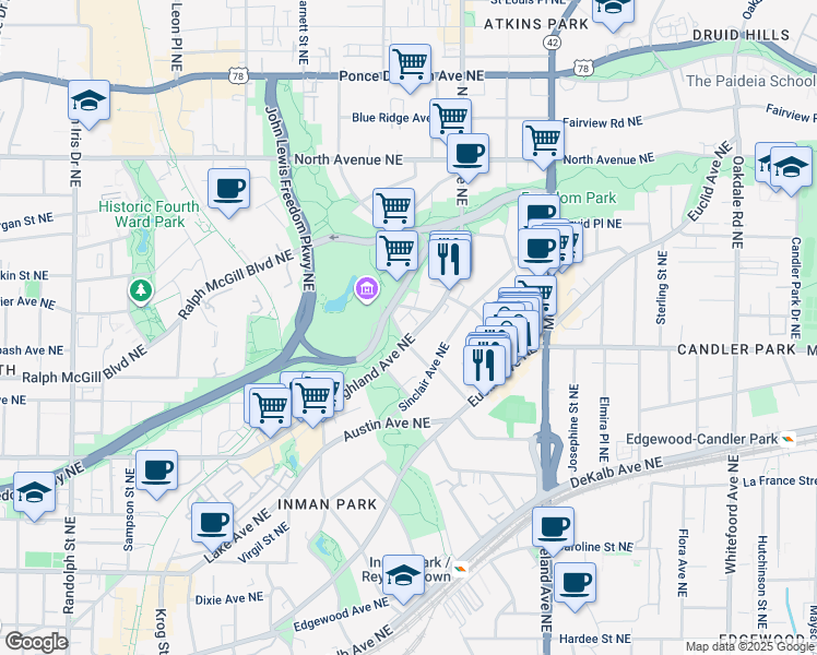 map of restaurants, bars, coffee shops, grocery stores, and more near 418 North Highland Avenue Northeast in Atlanta