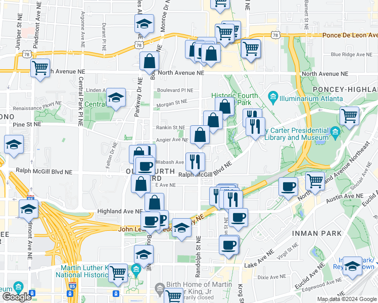 map of restaurants, bars, coffee shops, grocery stores, and more near 391 Arnold Street Northeast in Atlanta
