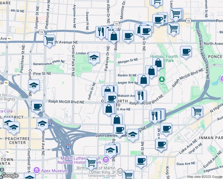 map of restaurants, bars, coffee shops, grocery stores, and more near 392 Boulevard Northeast in Atlanta