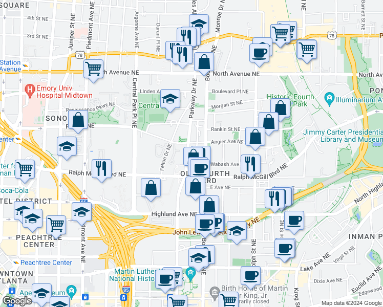 map of restaurants, bars, coffee shops, grocery stores, and more near 386 Parkway Drive Northeast in Atlanta