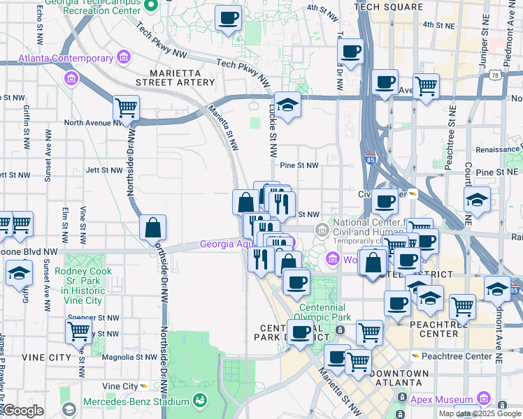 map of restaurants, bars, coffee shops, grocery stores, and more near 434 Marietta Street NorthWest in Atlanta