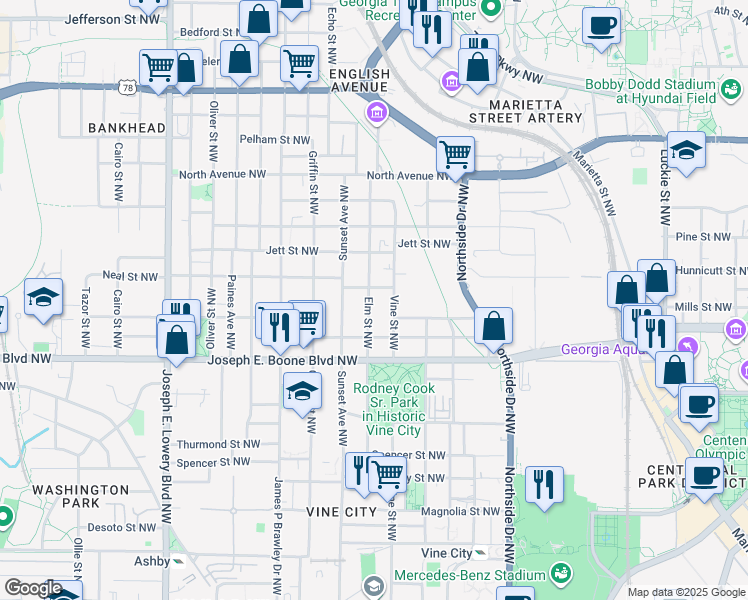 map of restaurants, bars, coffee shops, grocery stores, and more near 384 Vine Street Northwest in Atlanta