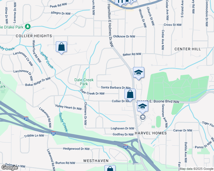 map of restaurants, bars, coffee shops, grocery stores, and more near 2631 Santa Barbara Drive Northwest in Atlanta
