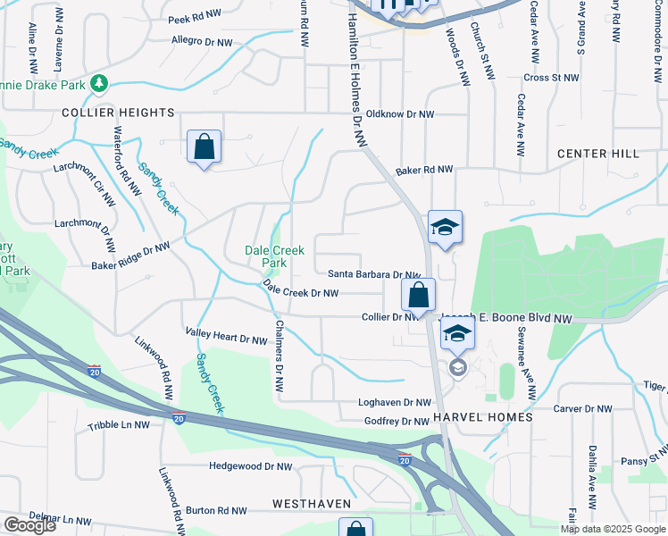 map of restaurants, bars, coffee shops, grocery stores, and more near 2649 Santa Barbara Drive Northwest in Atlanta