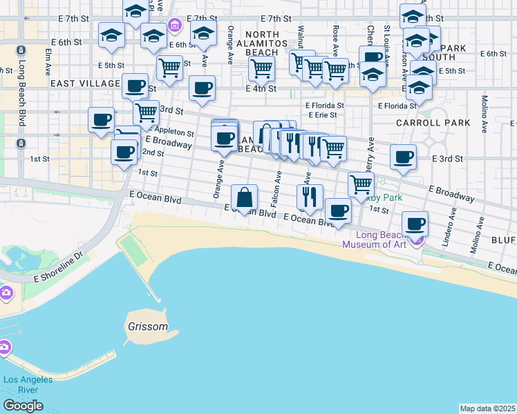 map of restaurants, bars, coffee shops, grocery stores, and more near 1401 East Ocean Boulevard in Long Beach