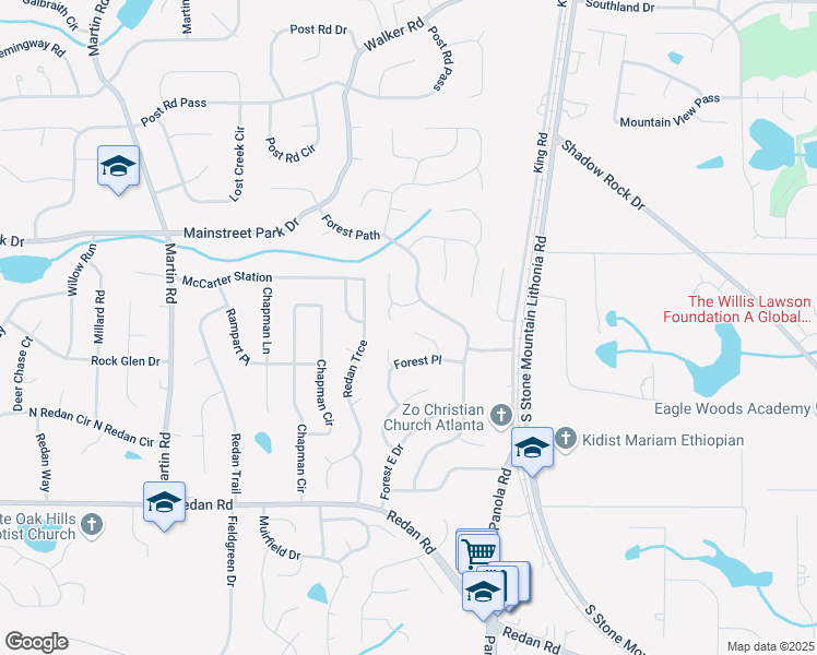 map of restaurants, bars, coffee shops, grocery stores, and more near 975 Fox Valley Trail in Stone Mountain