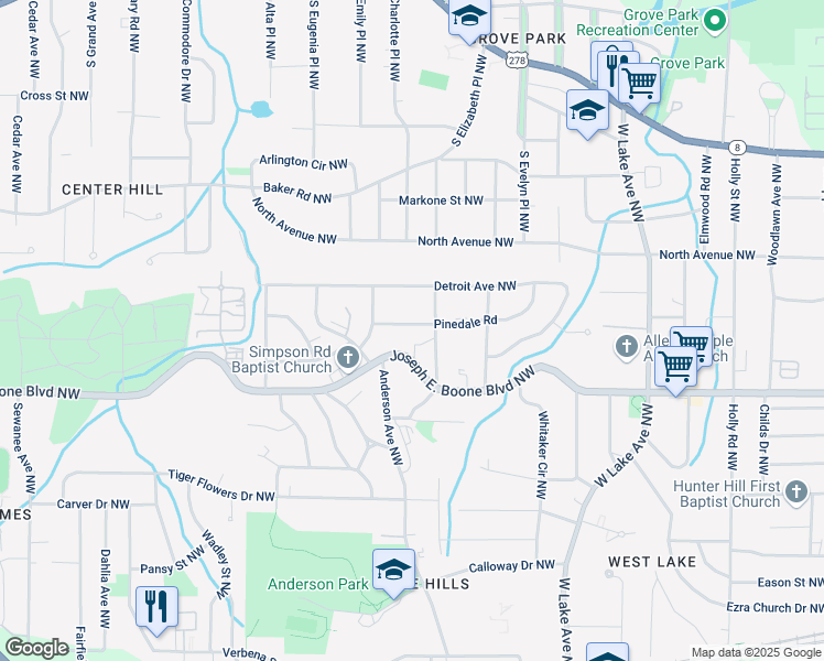 map of restaurants, bars, coffee shops, grocery stores, and more near 1930 Pinedale Road in Atlanta