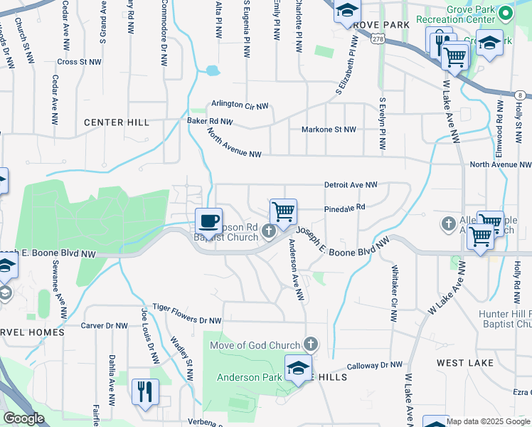 map of restaurants, bars, coffee shops, grocery stores, and more near 377 Westchester Boulevard Northwest in Atlanta