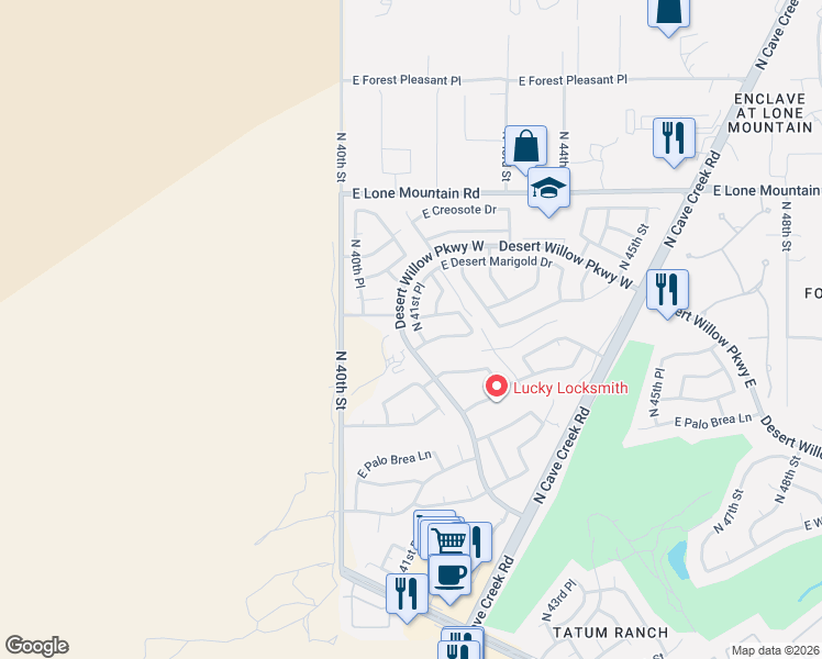 map of restaurants, bars, coffee shops, grocery stores, and more near Desert Willow Parkway West in Cave Creek