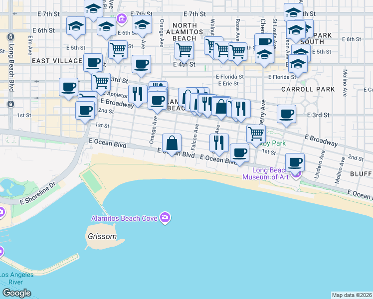 map of restaurants, bars, coffee shops, grocery stores, and more near 1415 East Ocean Boulevard in Long Beach