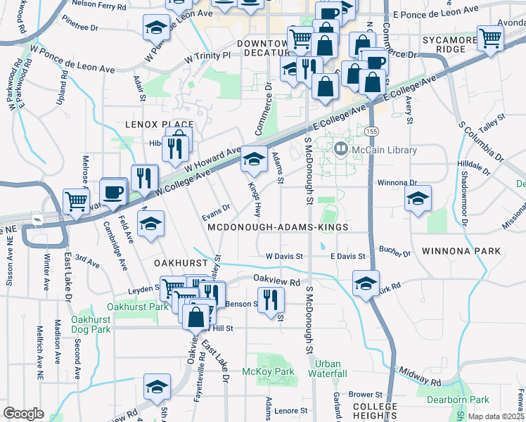 map of restaurants, bars, coffee shops, grocery stores, and more near 224 Kings Highway in Decatur