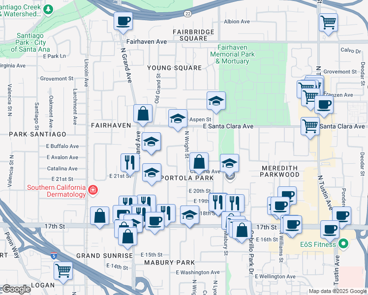 map of restaurants, bars, coffee shops, grocery stores, and more near 2218 North Wright Street in Santa Ana