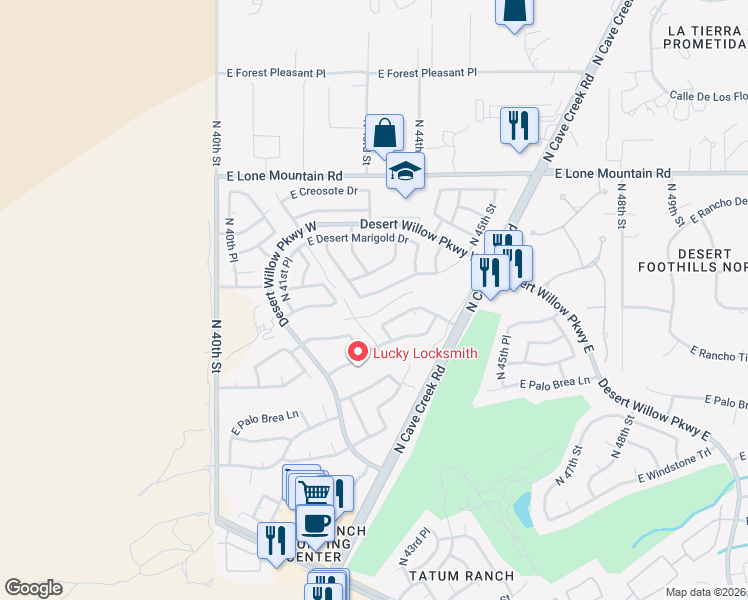 map of restaurants, bars, coffee shops, grocery stores, and more near 4314 East Rancho Tierra Drive in Cave Creek