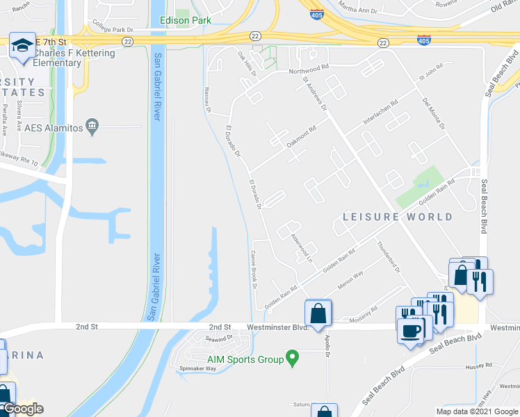 map of restaurants, bars, coffee shops, grocery stores, and more near El Dorado Drive in Seal Beach