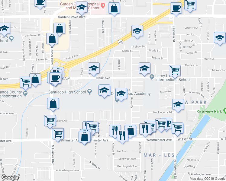 map of restaurants, bars, coffee shops, grocery stores, and more near 13581 Clinton Street in Garden Grove