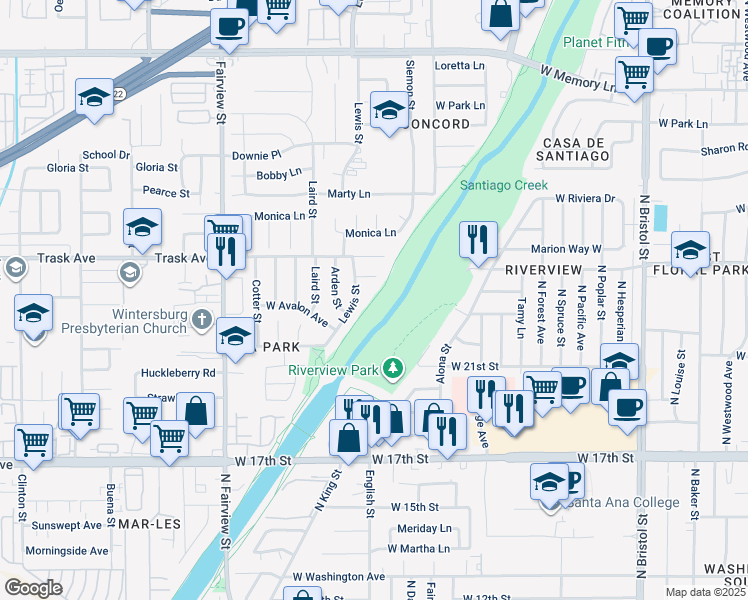 map of restaurants, bars, coffee shops, grocery stores, and more near Santa Ana River Trail in Santa Ana