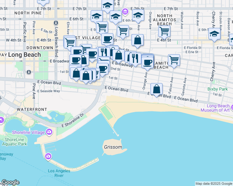 map of restaurants, bars, coffee shops, grocery stores, and more near 1000 East Ocean Boulevard in Long Beach