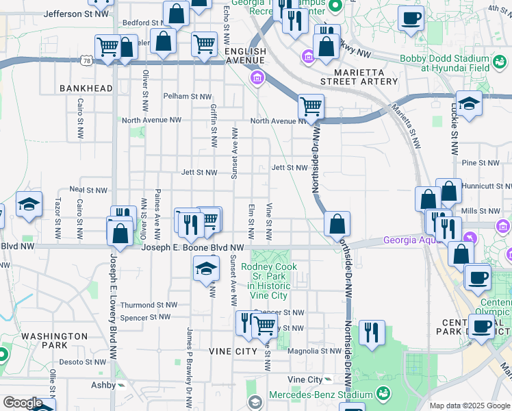 map of restaurants, bars, coffee shops, grocery stores, and more near 384 Vine Street Northwest in Atlanta