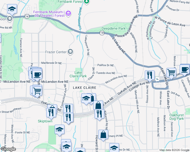 map of restaurants, bars, coffee shops, grocery stores, and more near 419 Claire Drive Northeast in Atlanta